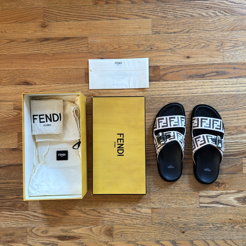 Fendi Sandal Slides White And Brown Size 40